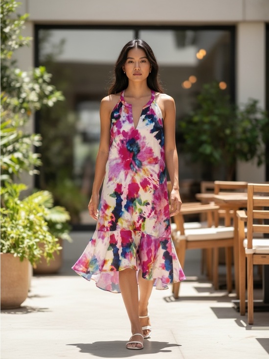 CAbi Dresses & Skirts - CAbi Celebration Dress Sleeveless Halter Midi Watercolor Colorful Print S
